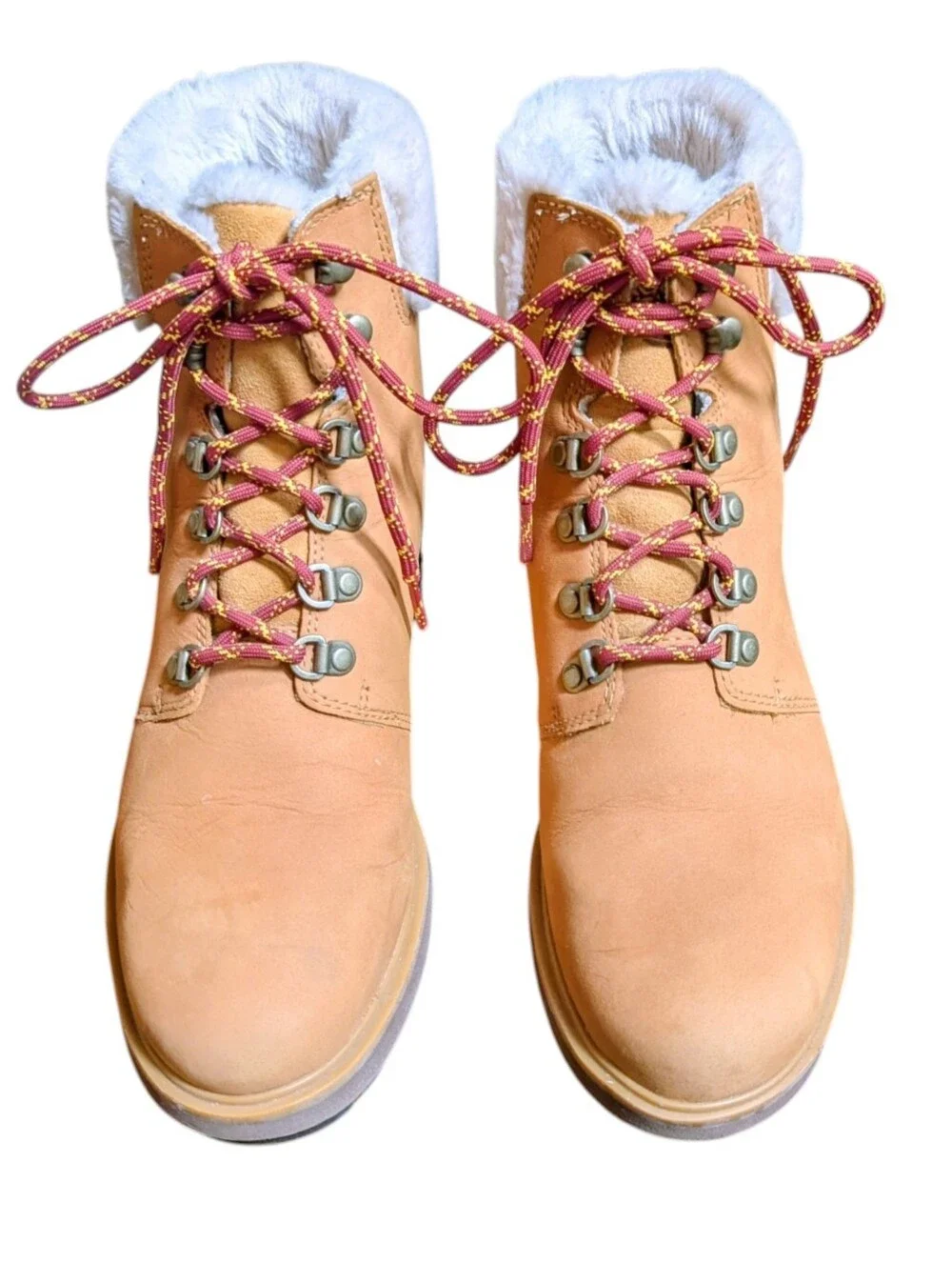 Timberland Kinsley Leather Wheat Tan Lace-Up Ankle Boots With Faux Fur Collar